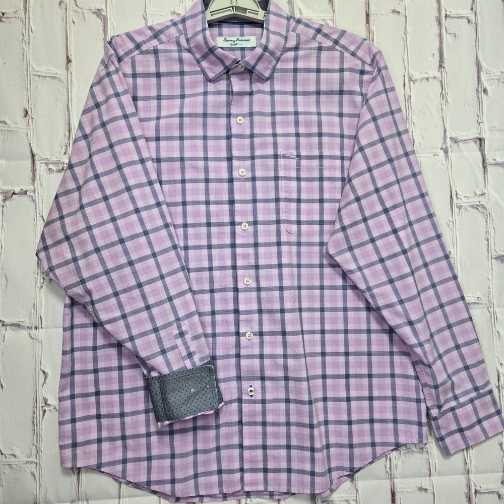 Tommy Bahama Island Zone Mens Large Purple Plaid Long Sleeve Button Down‎ Shirt